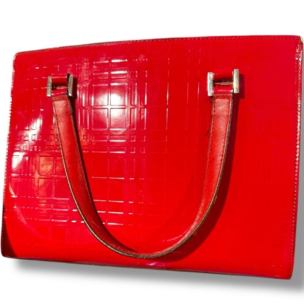 Authentic Burberry Red Patent Leather Embossed Check Design  Tote Bag - Picture 3 of 14